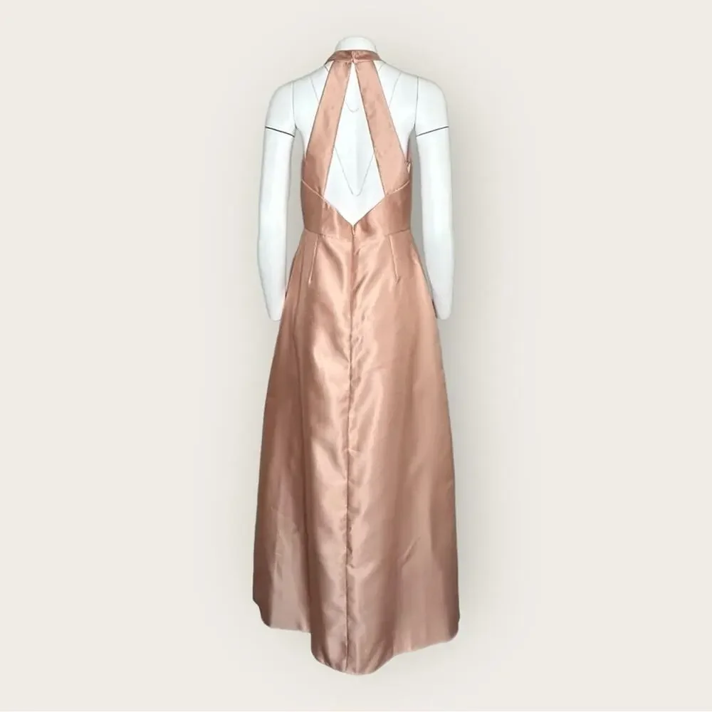 NWT | Alfred Sung | High-Neck Cutout Satin Dress | Toasted Sugar | 12R - Picture 4 of 15